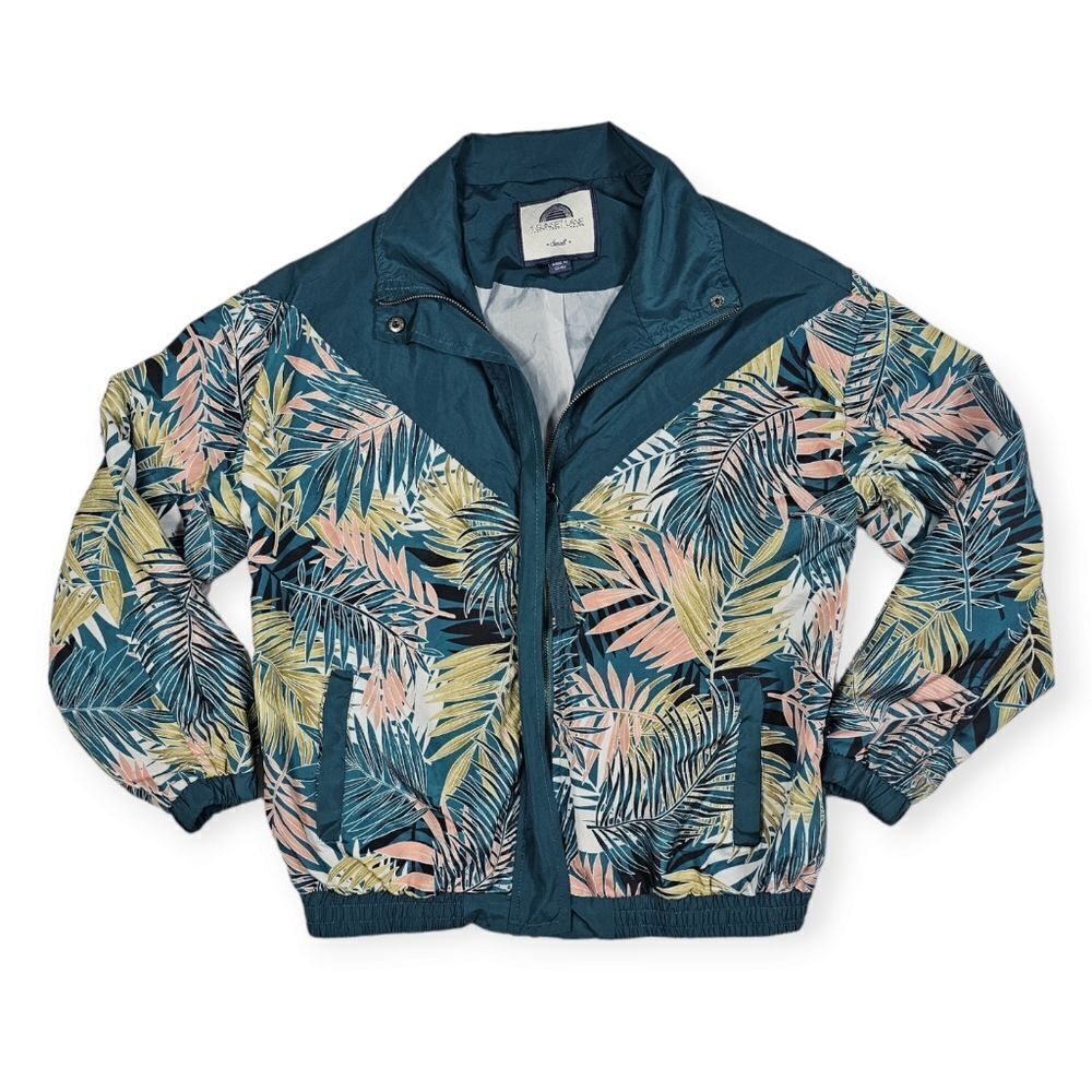 1 Sunset Lane Tropical Leaf Print Teal Blue‎ Bomber Jacket Women's Size Small